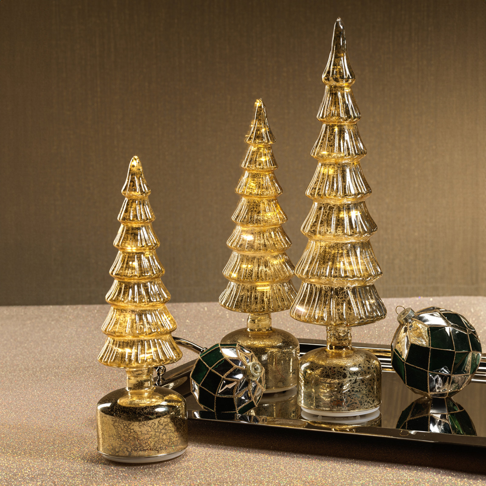 Rotating Lighted Tabletop Christmas Tree, 11.75" H x 3.5" W x 3.5" D, Antique Gold