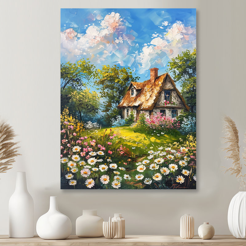 Maison rustique dans un champ de fleurs blanches - impression d'art mural paysage, Métal métal, H 32 po x l 16 po x P 1 po