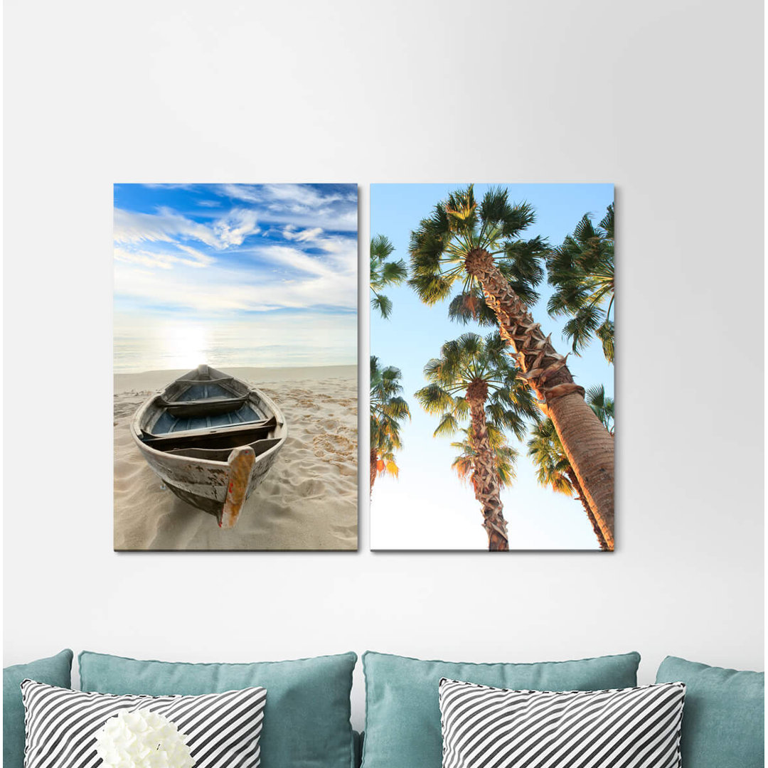 2-tlg. Leinwandbilder-Set - Grafikdruck „Beach Fishing Boat Palm Trees South Sea Summer Sea Sun”