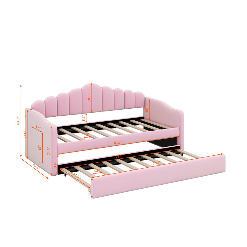 Twin Size Day Bed With Trundle Velvet Upholstered Sofabed Frame, USB Charging Ports