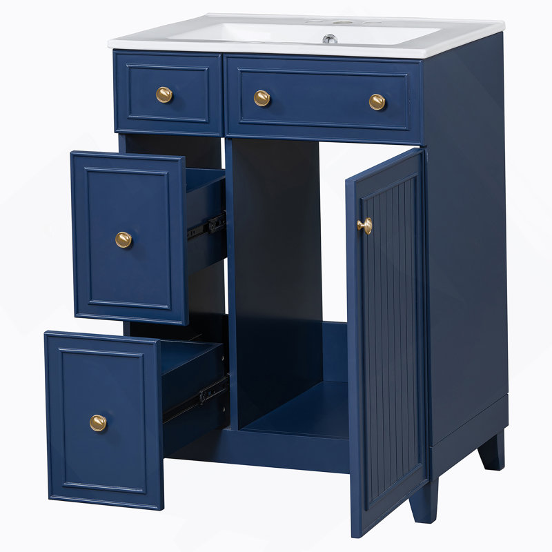 Armoire de salle de bain avec lavabo en céramique Athroom, 2 tiroirs, 1 porte, Bleu