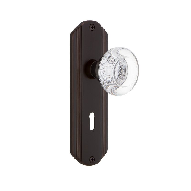 Crystal Round Interior Mortise Door Knob with Deco Long Plate, Timeless Bronze