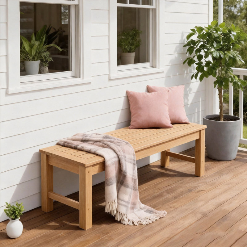 Banc d'extérieur sans dossier, banc de jardin robuste et durable, Teck, 1