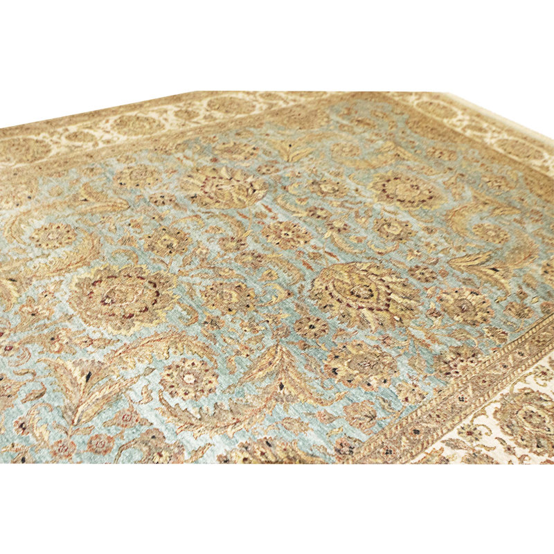 Hand Knotted Wool Area Rug in Light Blue And Cream