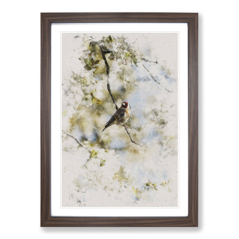 Goldfinch Bird in a Cherry Tree - Picture Frame Painting, 48cm H x 36cm W x 2cm D, Walnut Framed