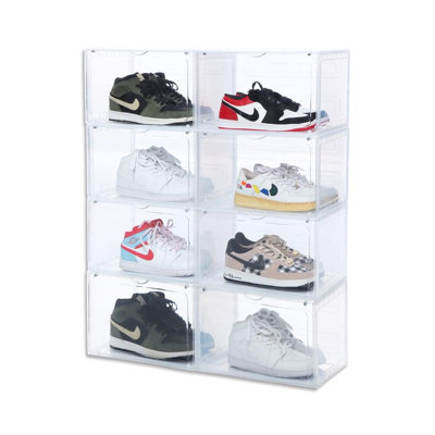 XL clear shoe storage boxes stackable, Large Shoe Boxes Clear Plastic Stackable, Drop side Sneaker Container Fit Size 13 (CLEAR/8 Pack)
