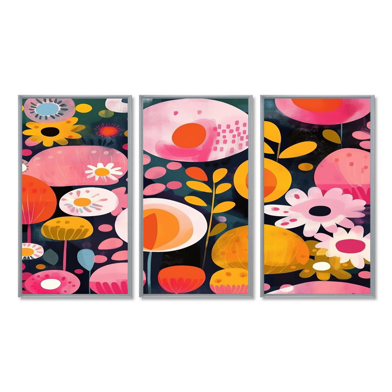 Illustration de fleur rétro ludique - ensemble d'art mural botanique, Encadrement argenté, H 32 po x l 48 po x P 1 po