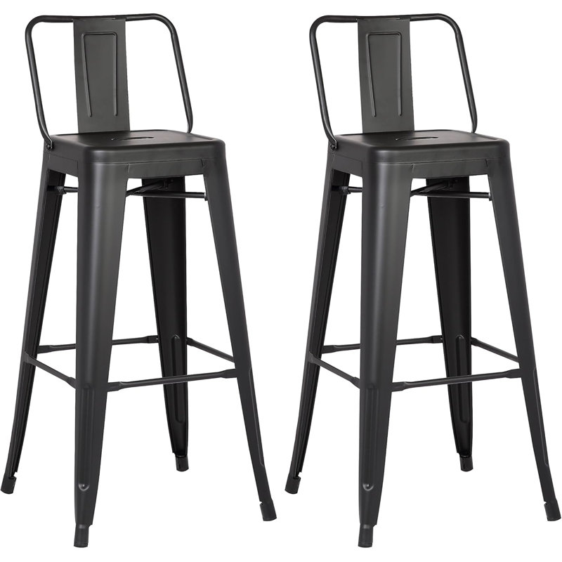Ensemble de 2 tabourets de bar en métal noir mat 30 pouces, ensemble de 2 tabourets de comptoir à dossier en acier avec design en acier à 4 pieds