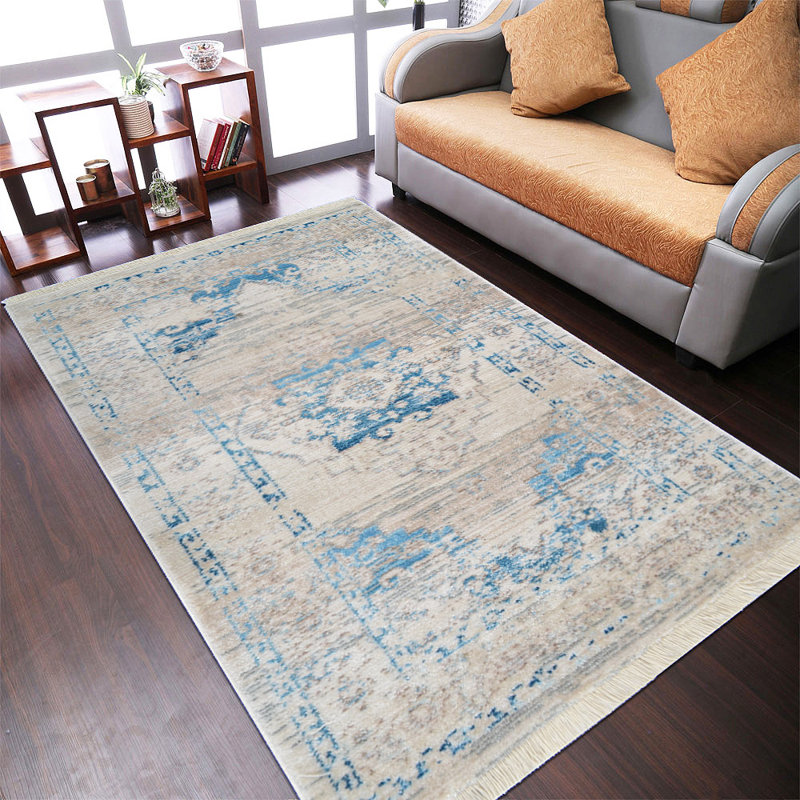 Tapis rectangulaires en polyester lavable à la machine Crayton | Ivoire bleu | Conception orientale, tapis de salon, chambre à coucher