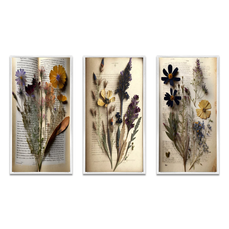 «Dried Vintage Wildflowers III», 3 pièces sur toile, Cadre flottant blanc, H 32 po x l 48 po