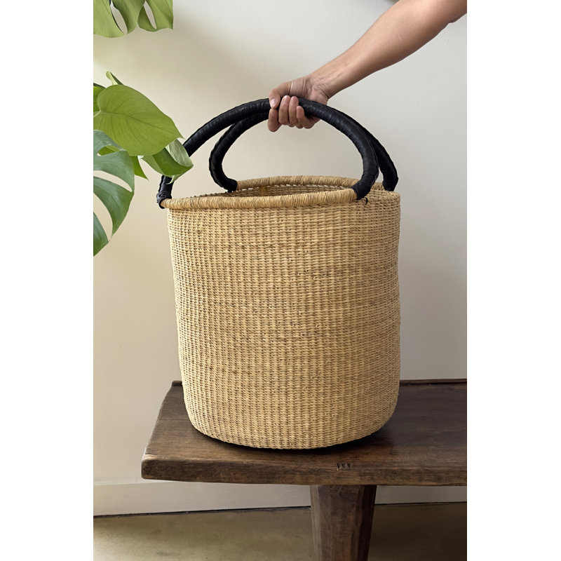 Handwoven Double Weave Hamper Basket with Leather Handles