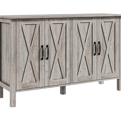 Storage Cabinet - 47" Gray Wood Grain Sideboard With 4 Barn Doors And 2 Adjustable Shelves Cabinet, For