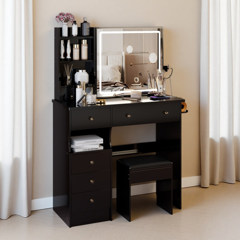 37" Left Drawer Desktop Vanity Table + Cushioned Stool, 2 AC+2 USB Socket, Hair Dryer Stand, Large Touch Control LED Sliding Mirror