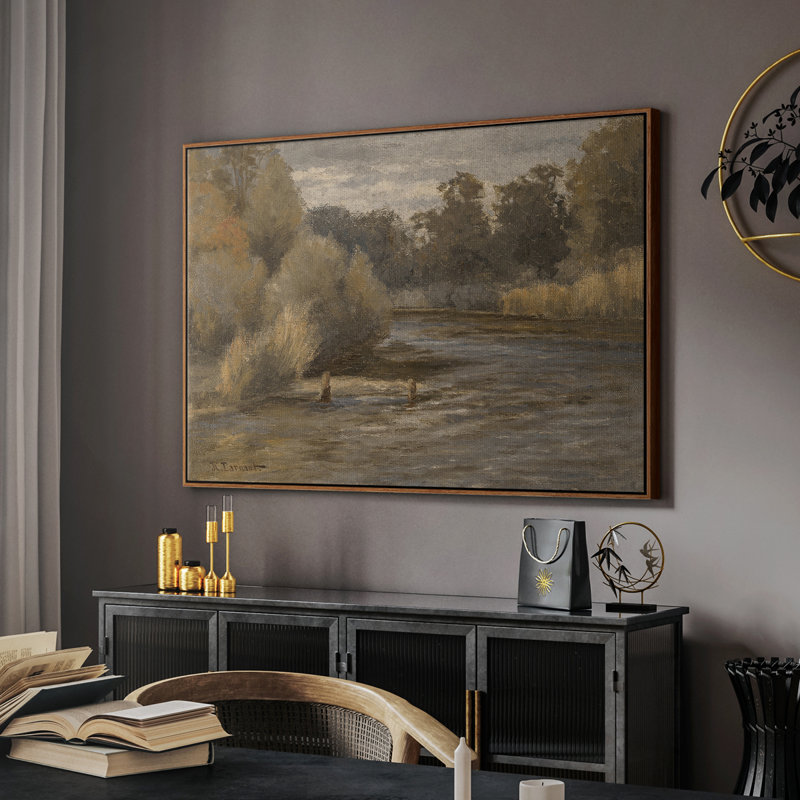 Paysage rétro DCBXXVII, H 17 po x l 25 po x P 2 po, Toile encadrée noyer flottant