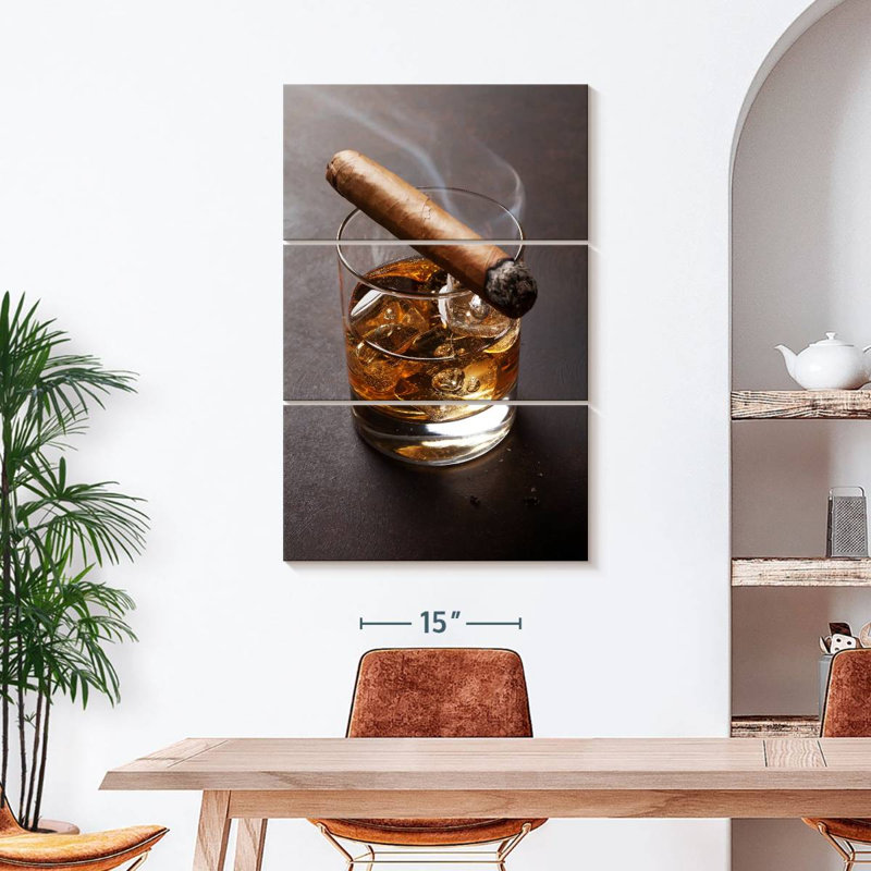 Cigare sur verre à whisky - Ensemble de 3 toiles tendues, H 45 po x l 28 po x P 1,25 po