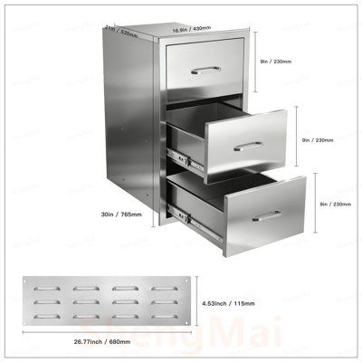 Stainless Steel Kitchen Cabinet with 3 Drawers, Paper Towel Holder, Durable and Space-Efficient Storage Organizer for Countertop or Under-Cabinet Use