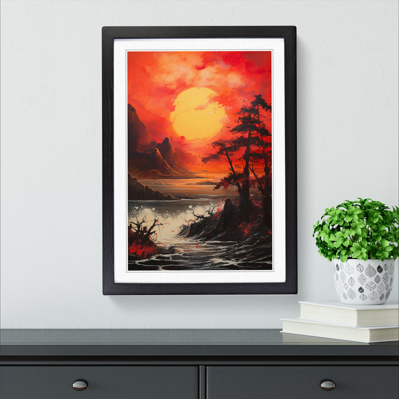 Japanese Sunset Gestural - Framed Print, Black , 64cm H x 46cm W x 2cm D