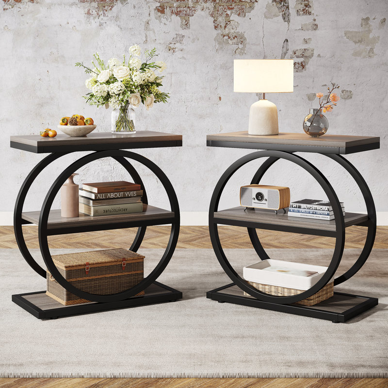3-Tier End Table Set of 2, Industrial Sofa Couch Side Table with Storage Shelves, Small Bedside Table for Bedroom, Grey