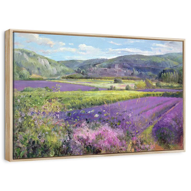 Champs de lavande dans la vieille Provence, 31 po x 21 po, Cadre flottant en bois naturel