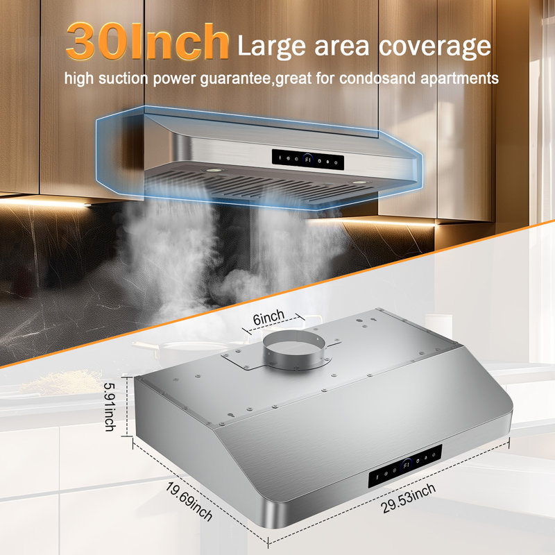 Under Cabinet Range Hood 900cfm, 4-speed Smart Vent Hood With Touch Sensor , Dual Led Lights, Baffle Filters Ducted Standard Series