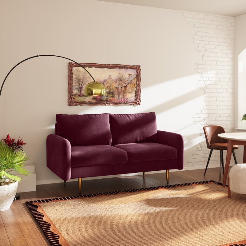 Casey 58" Velvet Round Arms Sofa Loveseat, Burgundy Velvet, Velvet