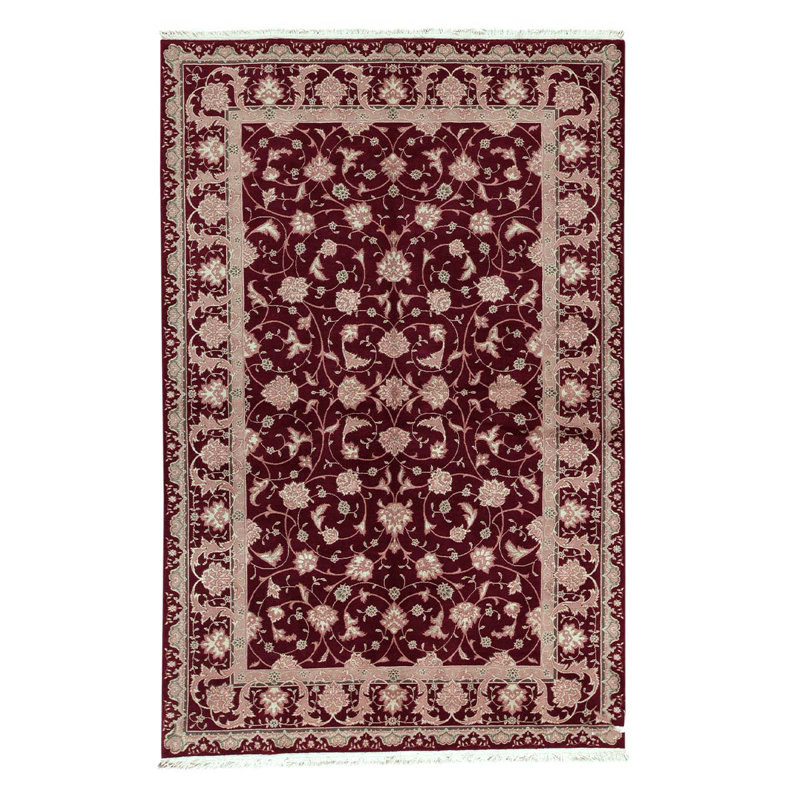 Tapis unique en laine noué à la main de haute qualité de 5 pi 9 po x 8 pi 9 po rouge / ivoire / rose