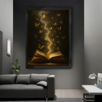 Reproduction d'art encadré noir avec papillon doré et livre mystique