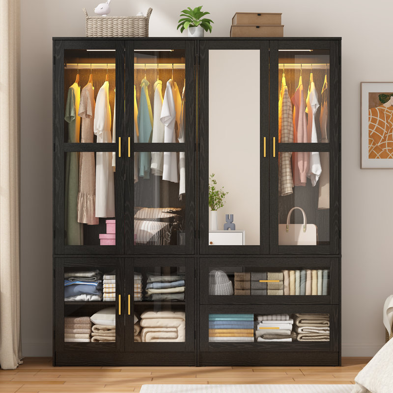 Armoire H 71 po avec lumières à capteur DEL, miroir en acrylique, tiroirs et tringle, Noir