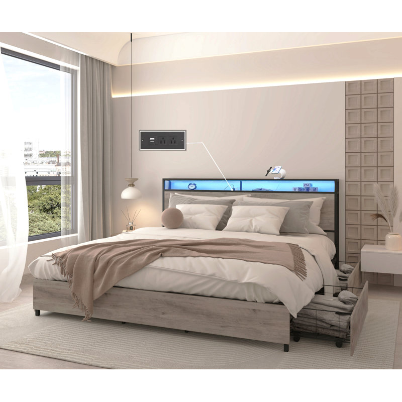 Bed Frame, Storage Headboard With Charging Station, Solid And Stable, Noise Free, No Box Spring Needed, Easy Assembly, King