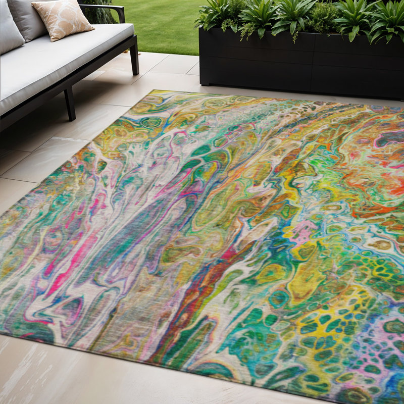 Tapis intérieur lavable abstrait vert doré et blanc 5 pi x 8 pi