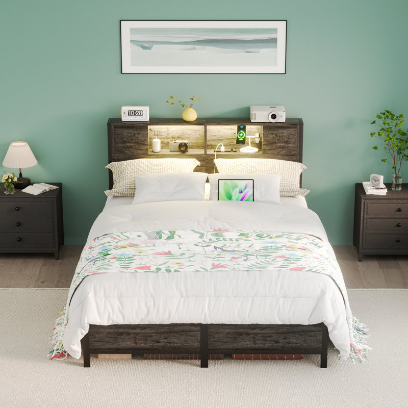 Metal Bed Frame With Headboard,2 Cabinets With Doors, LED Lights And USB Ports, Large Storage Space, Black, Full