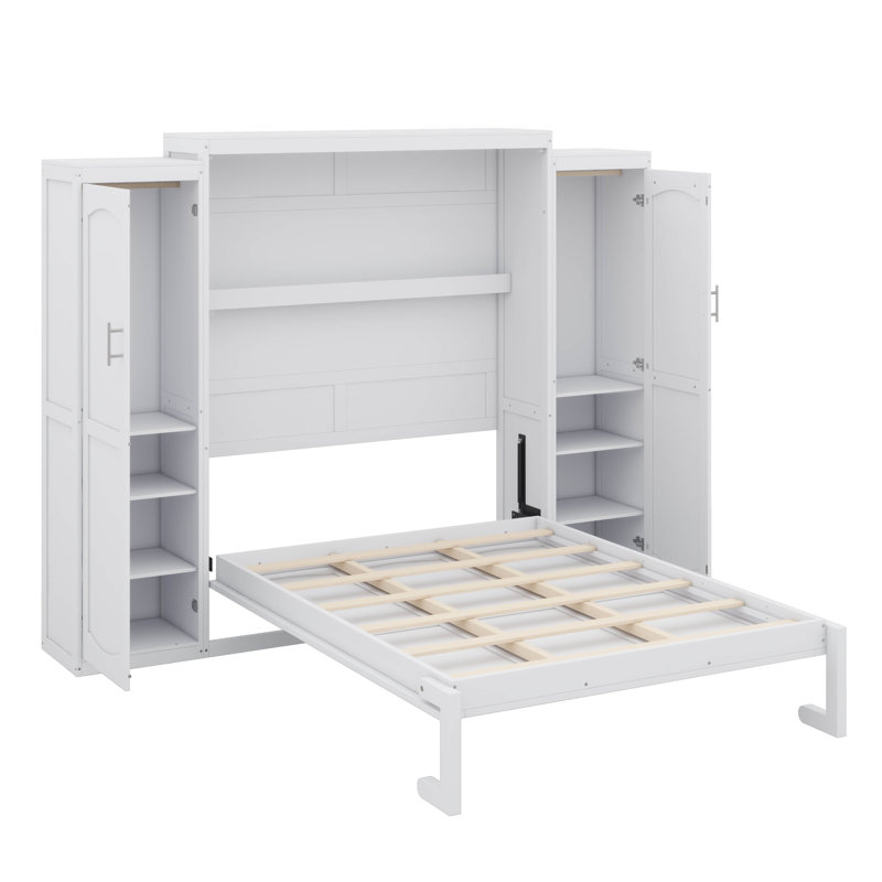 Grand lit escamotable avec 2 garde-robes et tablette de rangement, cadre de lit pliable multifonctionnel pour chambre d'amis