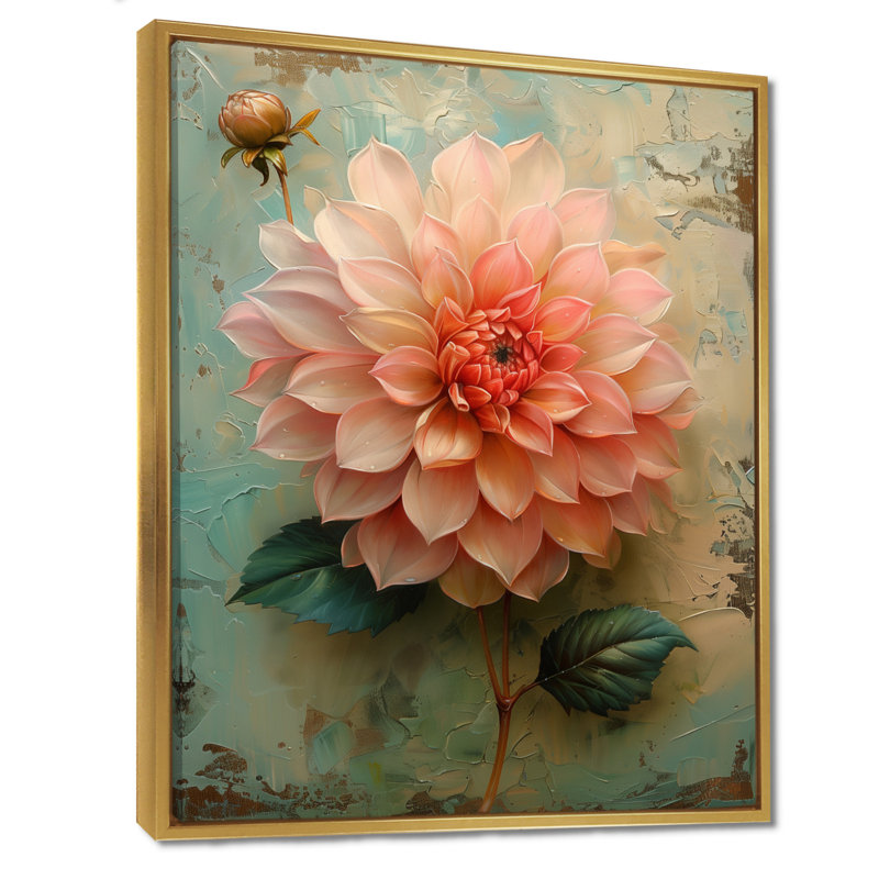 Décoration murale dahlia rose rose bleu rétro - Dahlia, Cadre flottant doré, H 16 po x l 32 po