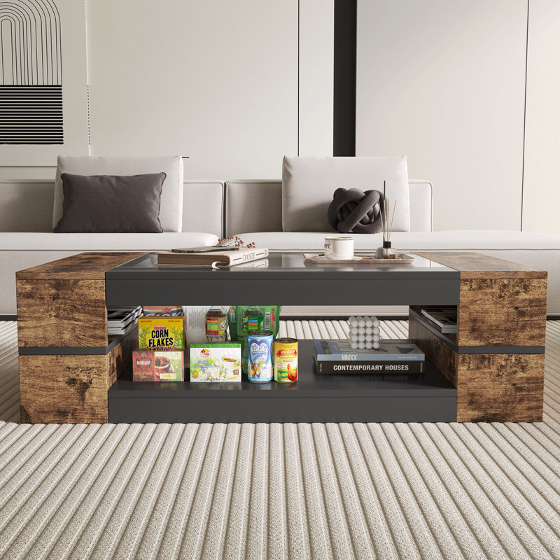 Modern Style High Glass Coffee Table for Living Room, Rustic Brown/Black