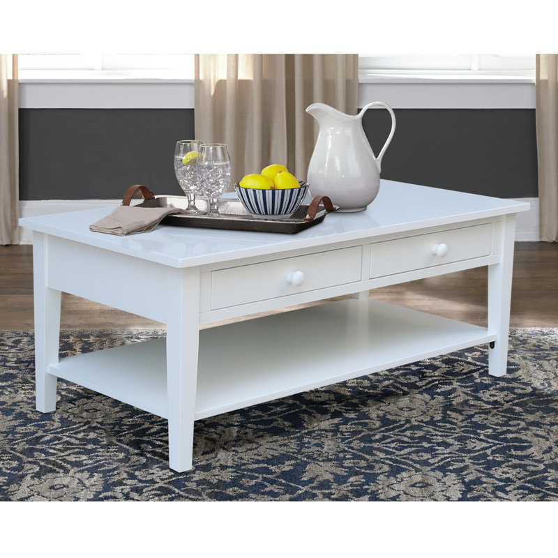 Table basse 4 pieds en bois massif avec rangement Tiller, Gris bruyère lavé antique