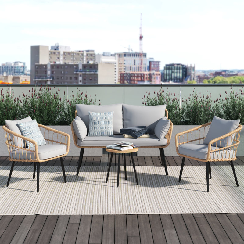 Azarel 4 - Person Patio Conversation Set with Cushions, Light Brown Frame/Gray Cushion