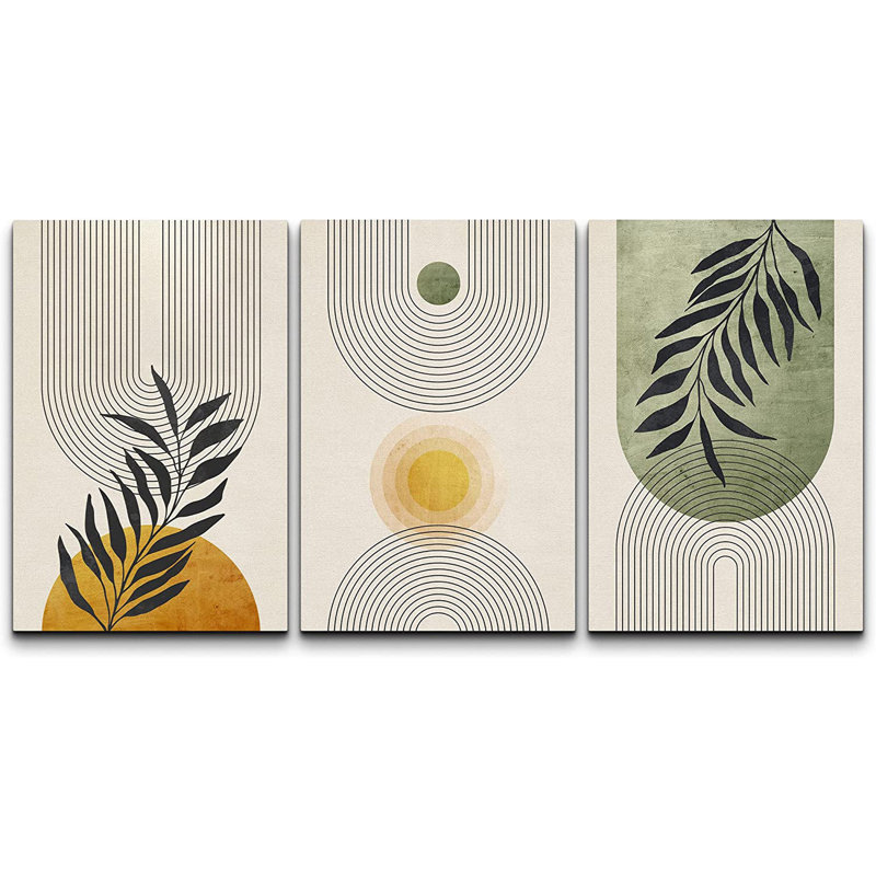 «Mid Century Modern Boho», pastel vert géométrique, feuille de palmier jungle, Toile tendue, H 24 po x l 48 po, Sans cadre