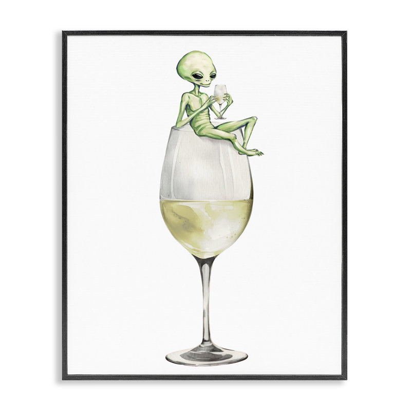 Alien perché sur un verre de champagne, estampe numérique, design par Lil 'Rue, H 30 po x l 24 po