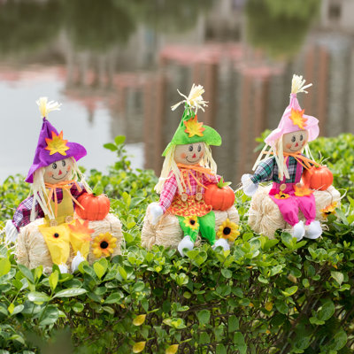 18 Inch Sitting on Straw and Hay Bales Multicolor Trio Scarecrows for Halloween, Fall Garden Decor