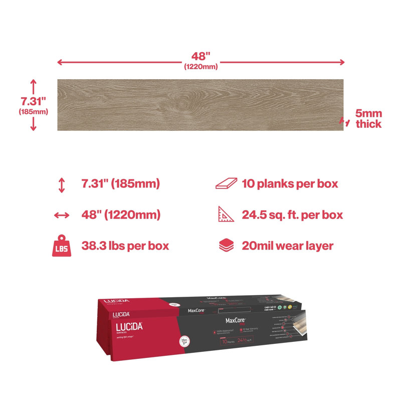 MaxCore Pro 20mil x 7.3" W x 48" L Click Lock Luxury Vinyl Plank Flooring, Sandstrom