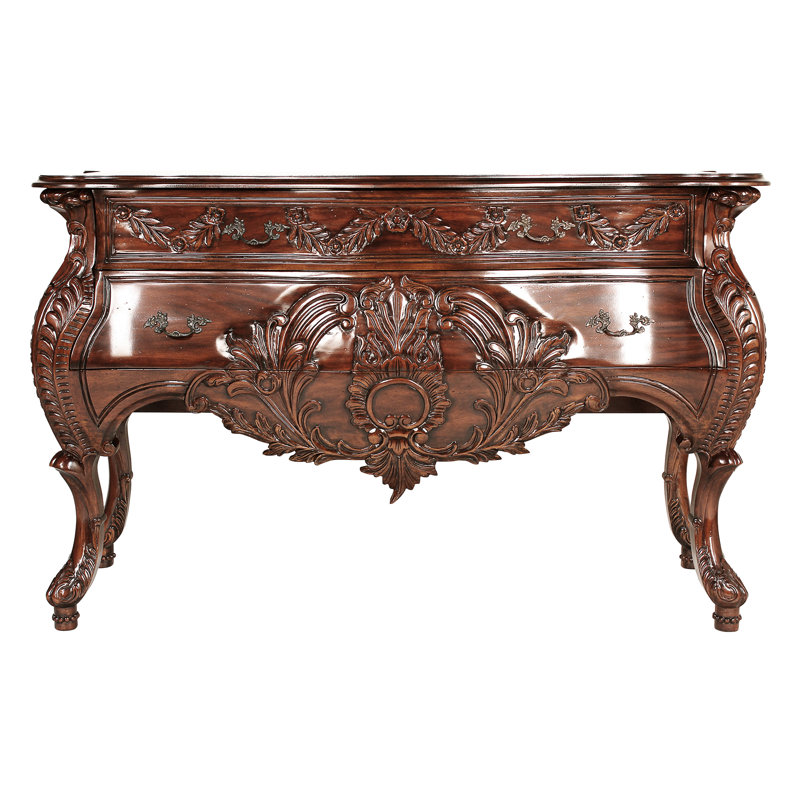 Hand-Carved Mahogany Bombe Console with Storage Drawers