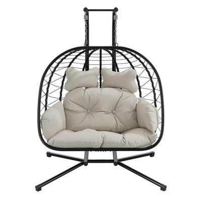 2-Person Hanging Egg Chair with Stand – Outdoor Wicker Swing Seat for Patio, 700 lbs Capacity