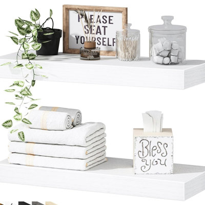 Wall Shelves For Bathroom, White Floating Shelves, 16-Inch Of 2, Over Toilet, Style, 2.5 Upward Angle Design, Succulent Display 2 6.7"D Depth Books And Towels, Enhanced Steel Brackets