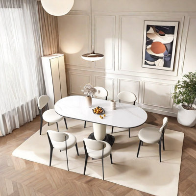 Creamy Hues Rock Plate Dining Table 6 - Person Pedestal Dining Set
