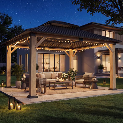 Gazebo à toit rigide de 4,27 m x 3,66 m, pavillon extérieur permanent à double toit en polycarbonate avec crochets de plafond, structure robuste en bois massif pour patio, jardin, terrasse, bois naturel