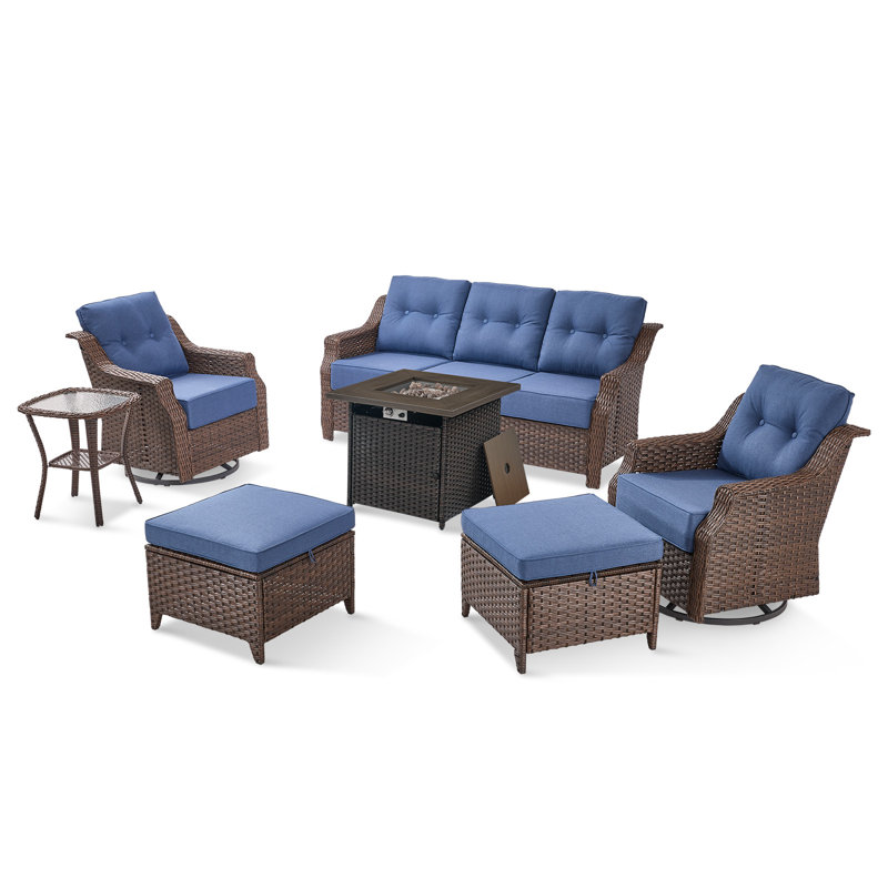Circlarmino 7-Piece All-Weather Outdoor Wicker Square Fire Pit Conversation Set With Swivel Gliders, Ottomans And Side Table For Patio