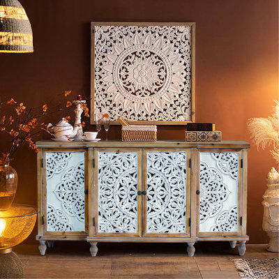 Armoire décorative creuse à 4 portes, armoire de rangement en bois vieilli avec tablettes réglables, design unique pour la cuisine, la salle à manger, le salon, le vestibule, le bois naturel