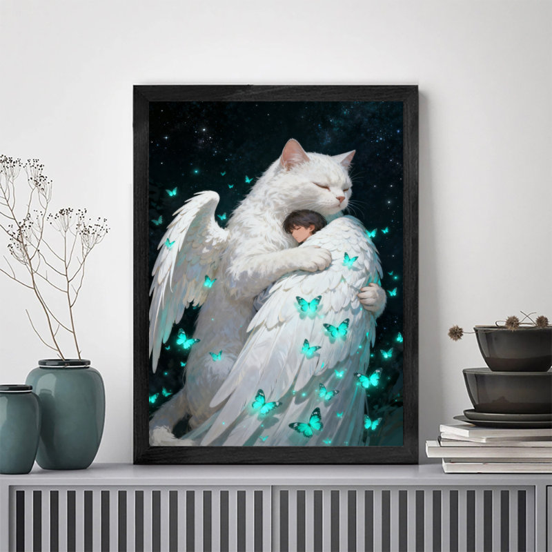 Art mural rétro noir, ange, chat blanc, embrassant un enfant, impressions sur toile de style rétro, H 11 po x l 9 po