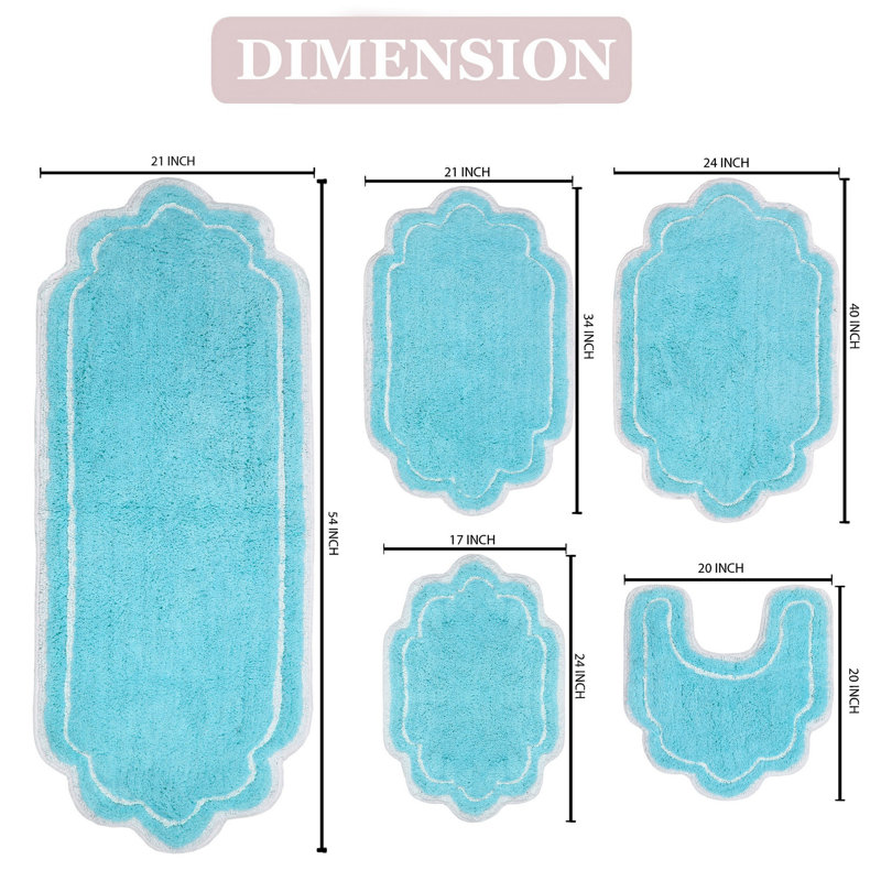 Allure 100 % Cotton Bath Rug - Machine Washable, Quick Dry, Absorbent - 5 Piece Set, Turquoise