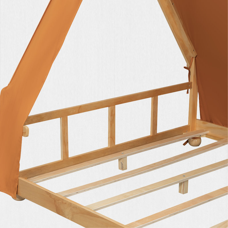 Full Size House-Shaped Bed With Delicate Tent, Brown/Natural, Full